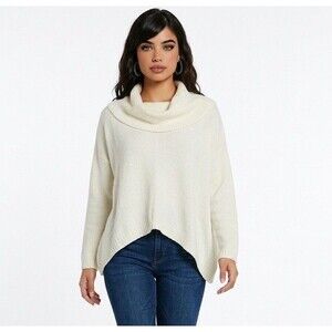 Express Women’s Cowl Neck Sweater Size XS Asymmetric Hem Ivory Long Sleeves